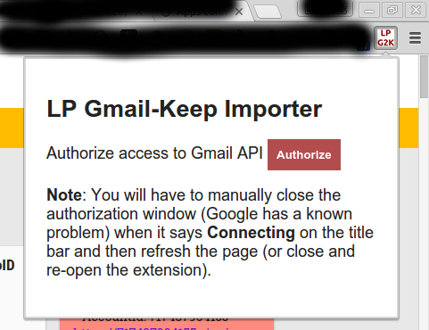 LP Gmail to Keep Importer - Authorization view
